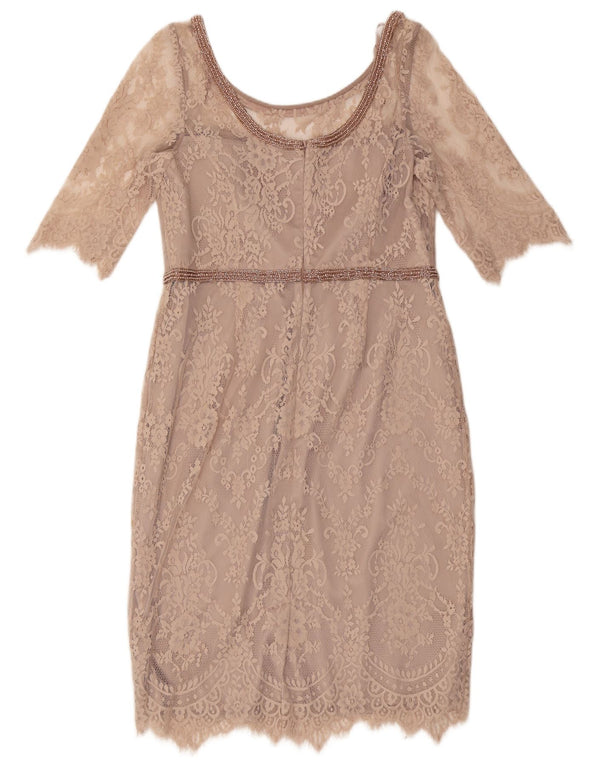 Monsoon Womens 3/4 Sleeve Lace Sheath Dress UK 16 Large Beige Floral Nylon