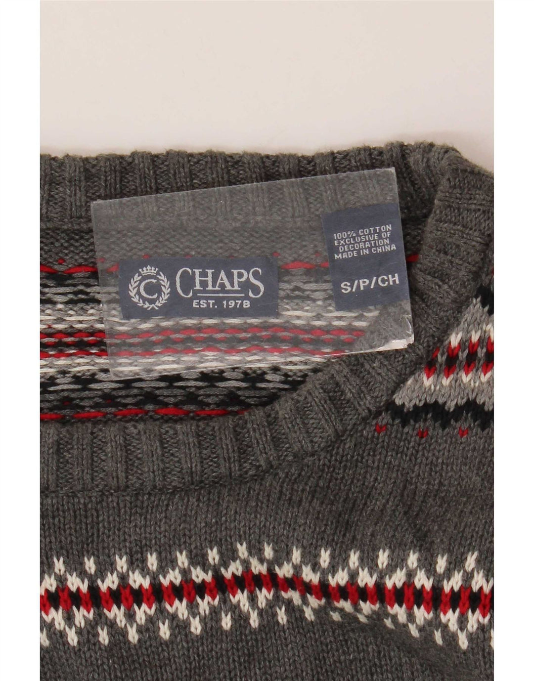 Chaps Mens Boat Neck Jumper Sweater Small Grey Fair Isle Cotton