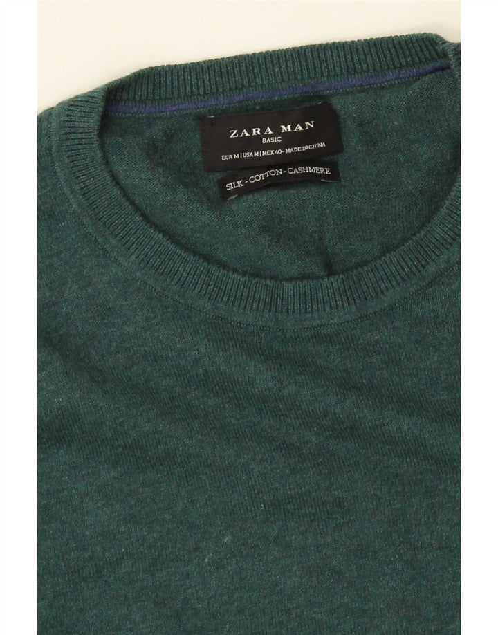 Zara Mens Crew Neck Jumper Sweater Medium Green Silk