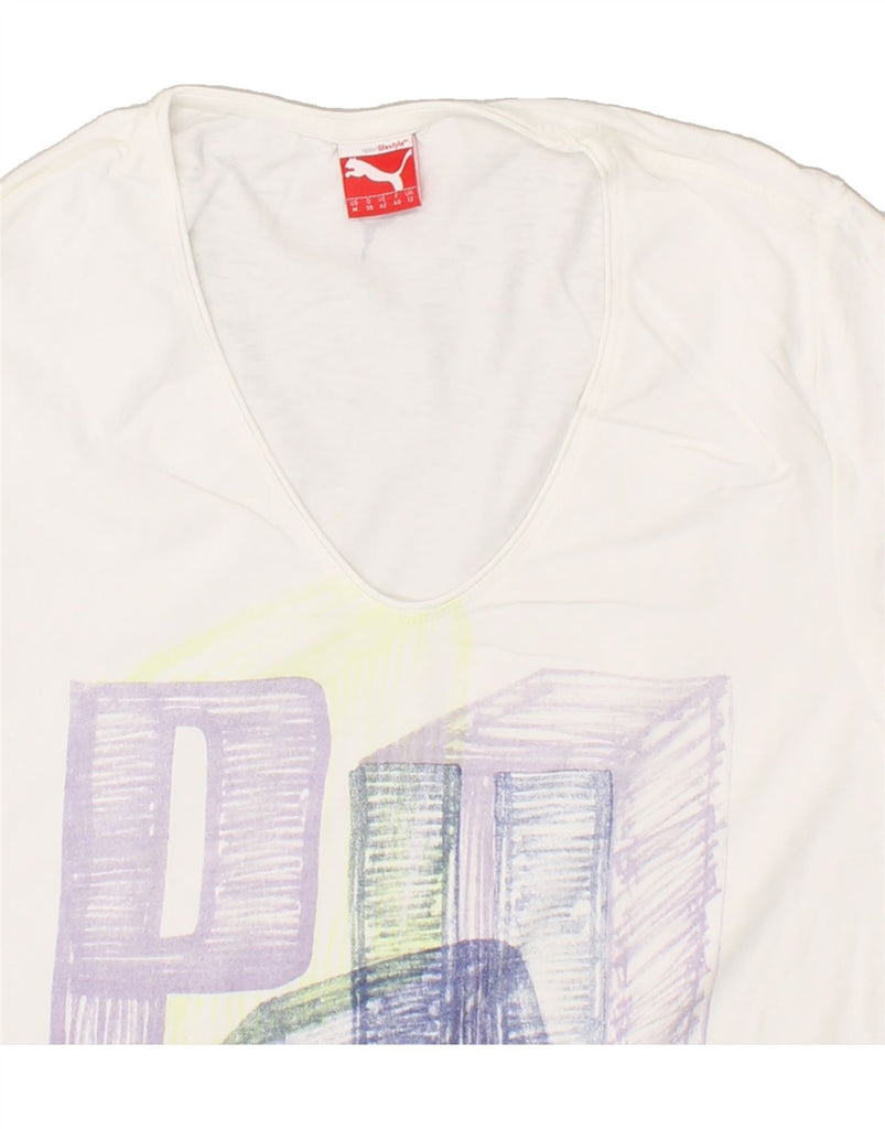 PUMA Womens Graphic T-Shirt Top UK 12 Medium White | Vintage Puma | Thrift | Second-Hand Puma | Used Clothing | Messina Hembry 