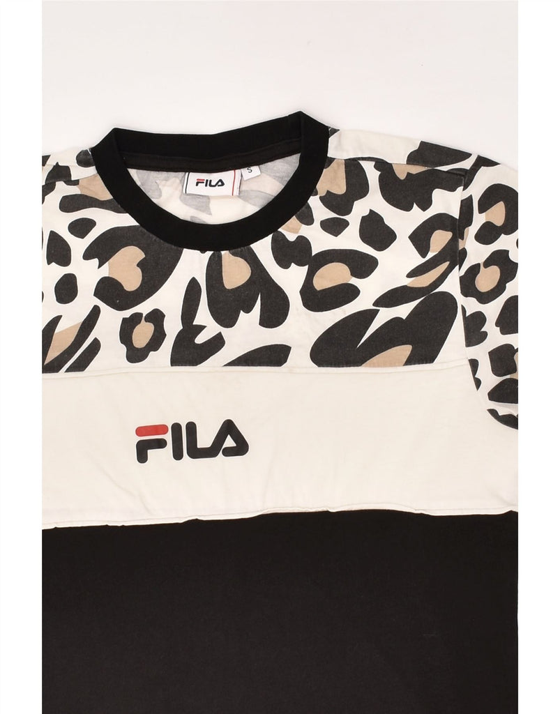 FILA Womens Graphic T-Shirt Top UK 10 Small Black Colourblock Cotton | Vintage Fila | Thrift | Second-Hand Fila | Used Clothing | Messina Hembry 