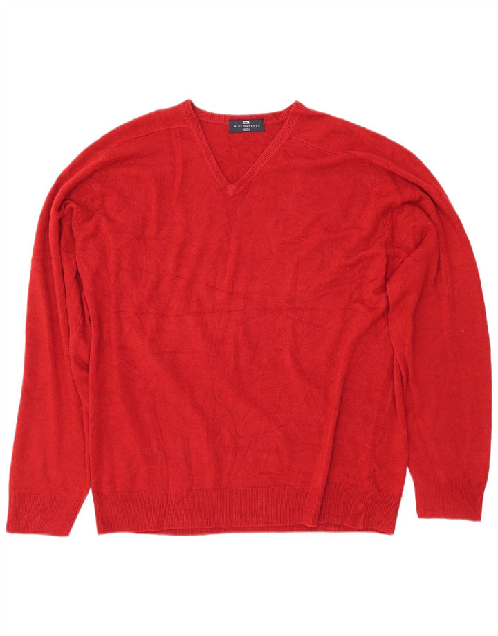 MARKS & SPENCER Mens Blue Harbour V-Neck Jumper Sweater Large Red Acrylic
