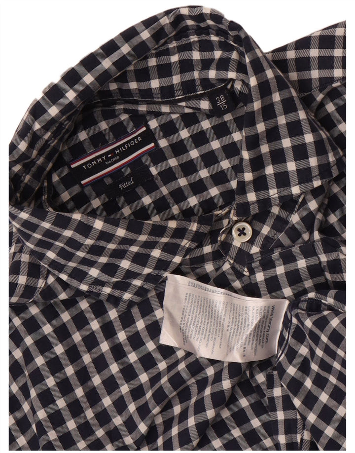 Tommy Hilfiger Mens Fitted Shirt Size 38 15 Medium Navy Blue Gingham Cotton