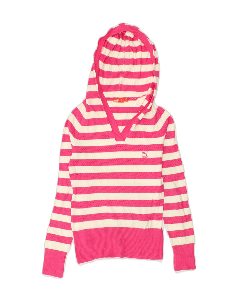 PUMA Womens Hooded V-Neck Jumper Sweater UK 12 Medium Pink Striped Viscose | Vintage Puma | Thrift | Second-Hand Puma | Used Clothing | Messina Hembry 