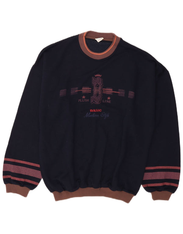 Vintage Mens Graphic Sweatshirt Jumper UK 42 Large Navy Blue Cotton