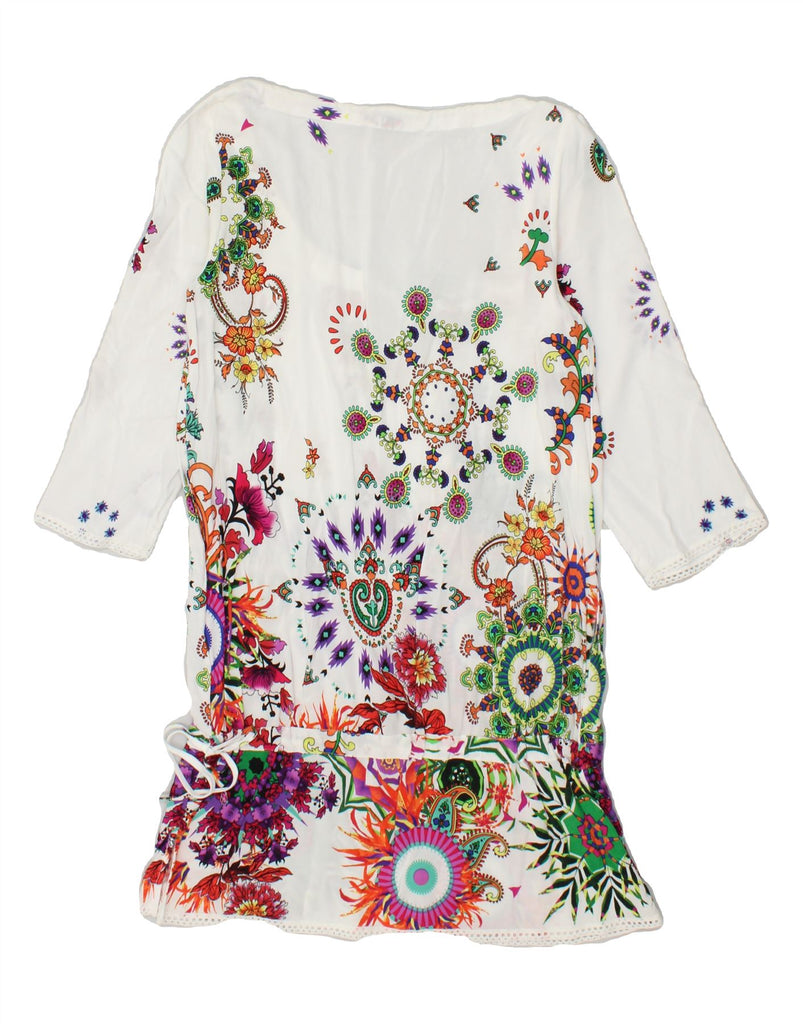 DESIGUAL Womens 3/4 Sleeve Drop Waist Dress UK 10 Small White Floral Vintage Desigual and Second-Hand Desigual from Messina Hembry 