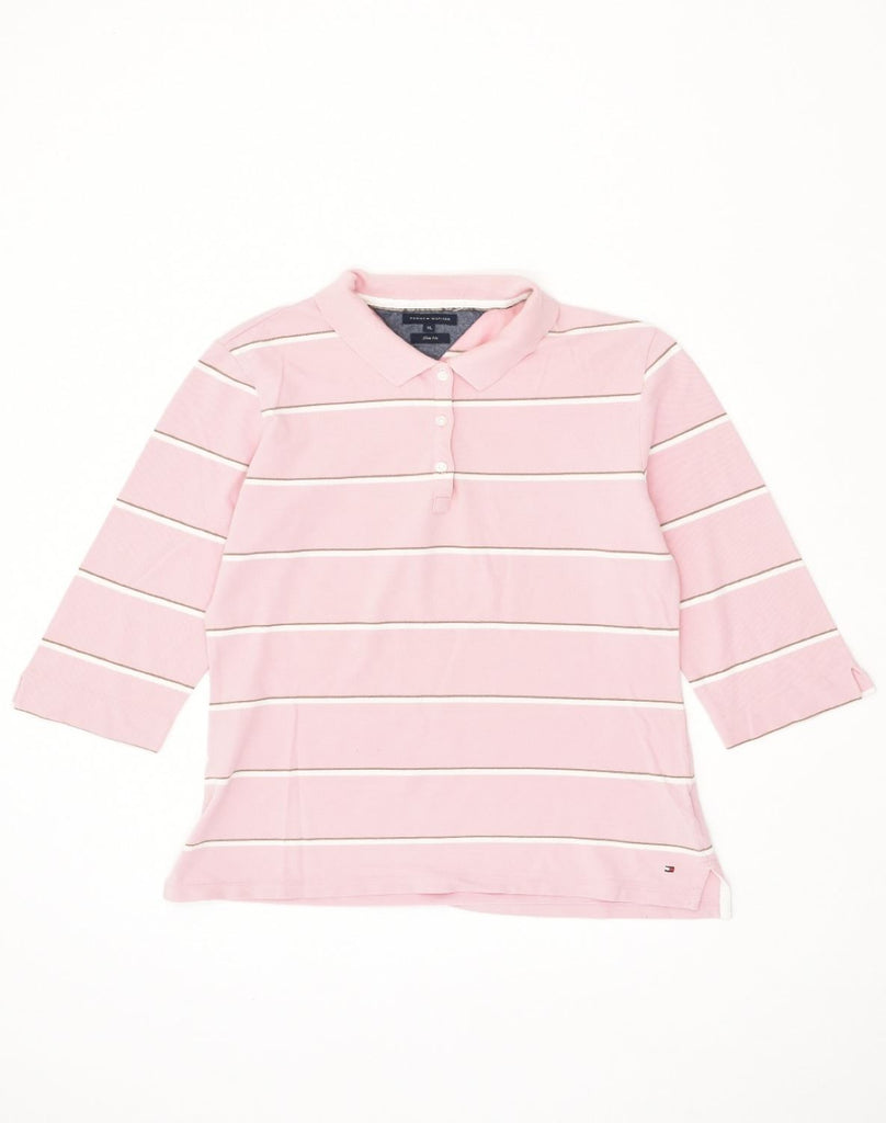 TOMMY HILFIGER Womens 3/4 Sleeve Slim Fit Polo Shirt UK 18 XL Pink Striped | Vintage Tommy Hilfiger | Thrift | Second-Hand Tommy Hilfiger | Used Clothing | Messina Hembry 