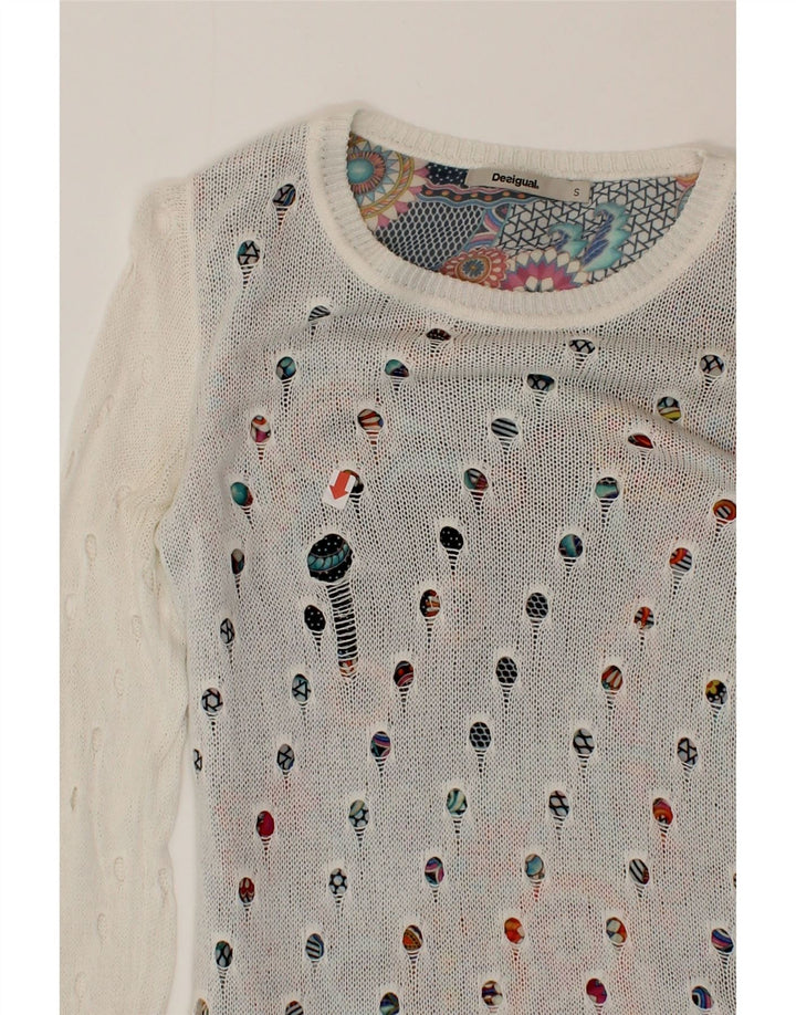 DESIGUAL Womens Boat Neck Jumper Sweater UK 10 Small White Polyester Vintage Desigual and Second-Hand Desigual from Messina Hembry 