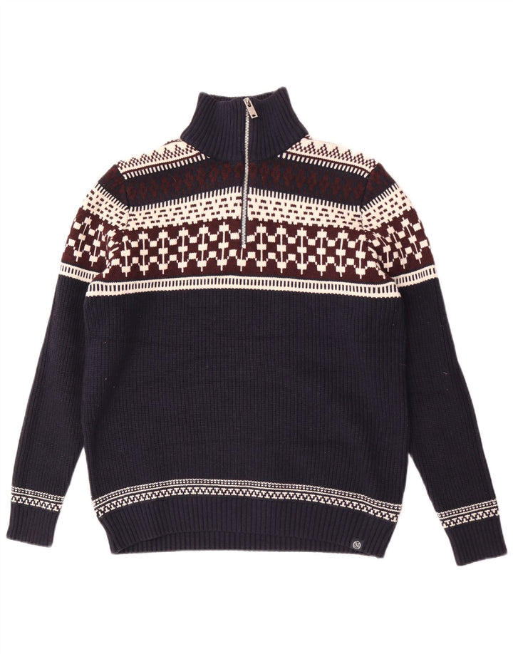 Marks & Spencer Mens Zip Neck Jumper Sweater Large Navy Blue Fair Isle