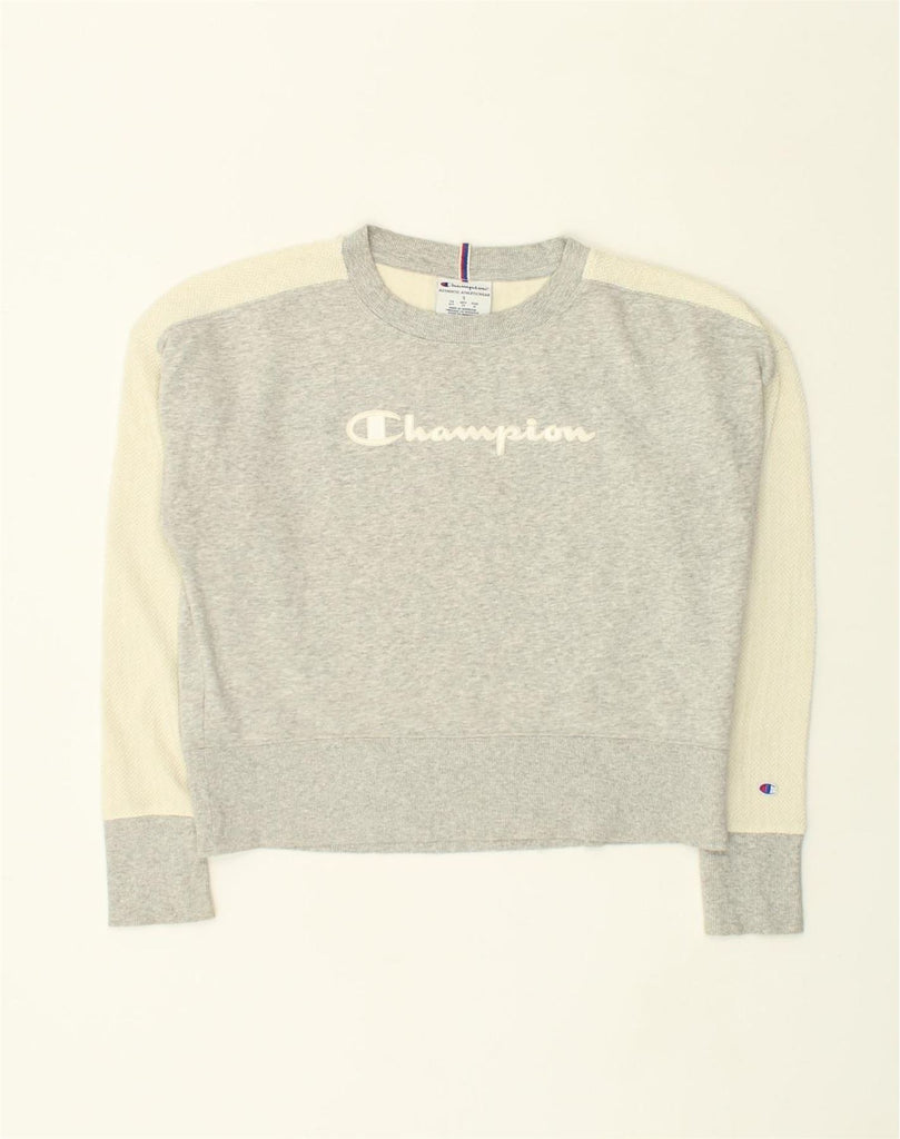 CHAMPION Womens Sweatshirt Jumper UK 10 Small Grey Colourblock Cotton | Vintage Champion | Thrift | Second-Hand Champion | Used Clothing | Messina Hembry 