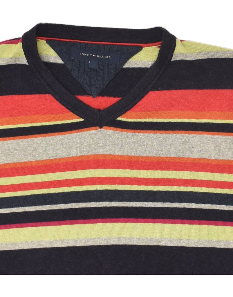 TOMMY HILFIGER Mens V-Neck Jumper Sweater Large Multicoloured Striped | Vintage Tommy Hilfiger | Thrift | Second-Hand Tommy Hilfiger | Used Clothing | Messina Hembry 