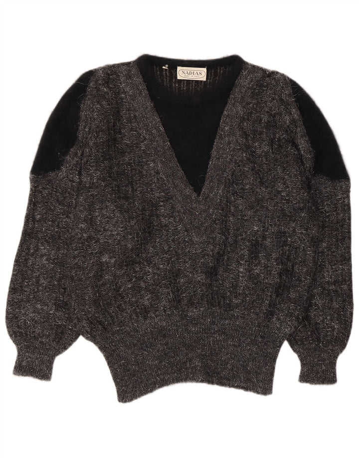 VINTAGE Womens V-Neck Jumper Sweater IT 44 Medium Grey Colourblock