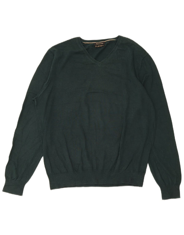 Massimo Dutti Womens V-Neck Jumper Sweater UK 18 XL Green Cotton