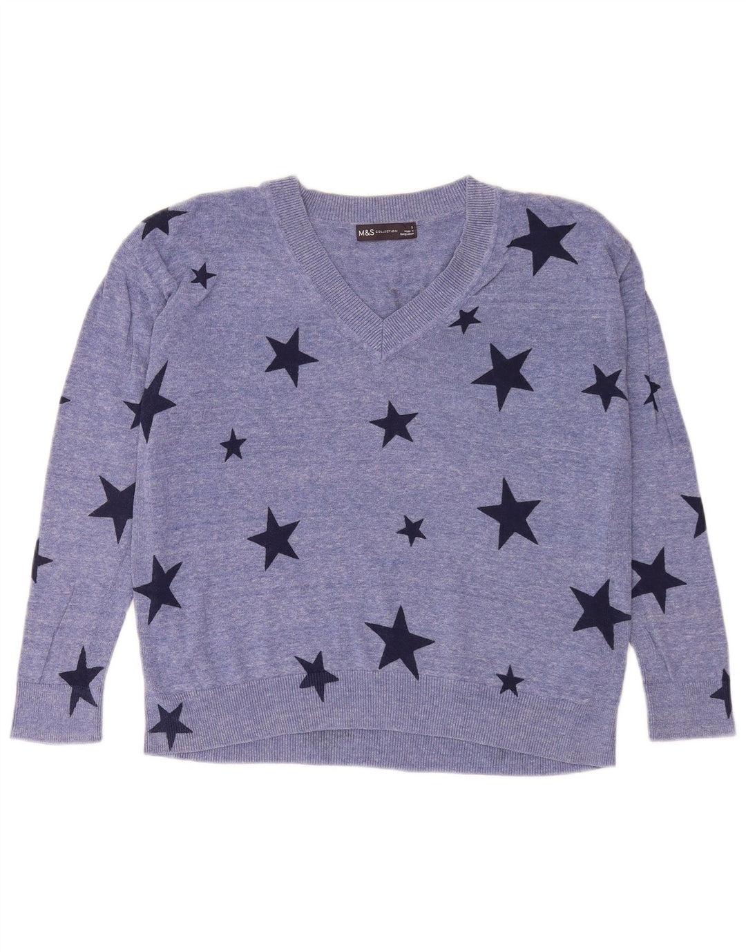 Marks & Spencer Womens Graphic V-Neck Jumper Sweater UK 10 Small Blue