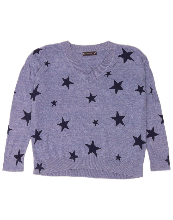 Marks & Spencer Womens Graphic V-Neck Jumper Sweater UK 10 Small Blue