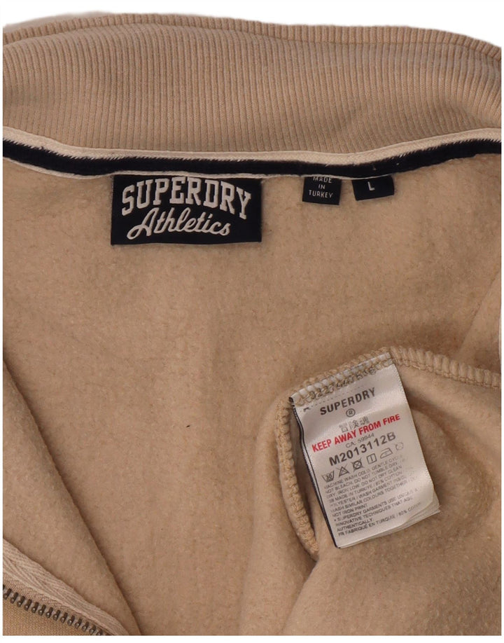 SUPERDRY Mens Zip Neck Sweatshirt Jumper Large Beige Cotton