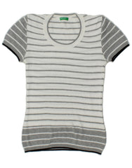 BENETTON Womens Short Sleeve Crew Neck Jumper Sweater UK 6 XS Grey Striped