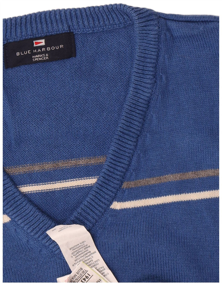 Marks & Spencer Mens Blue Harbour V-Neck Jumper Sweater XL Blue Striped