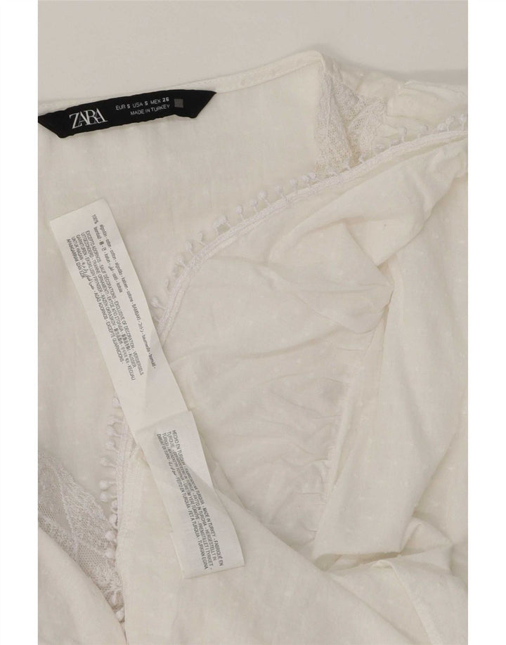 Zara Womens Ruffle Front Long Sleeve Blouse Top UK 10 Small White Cotton