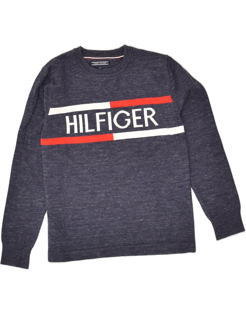 TOMMY HILFIGER Boys Graphic Crew Neck Jumper Sweater 9-10 Years Navy Blue | Vintage Tommy Hilfiger | Thrift | Second-Hand Tommy Hilfiger | Used Clothing | Messina Hembry 