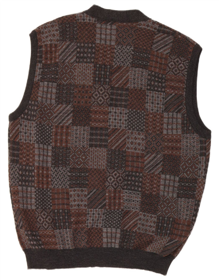 Vintage Mens Sleeveless Cardigan Sweater Medium Grey Geometric Virgin Wool