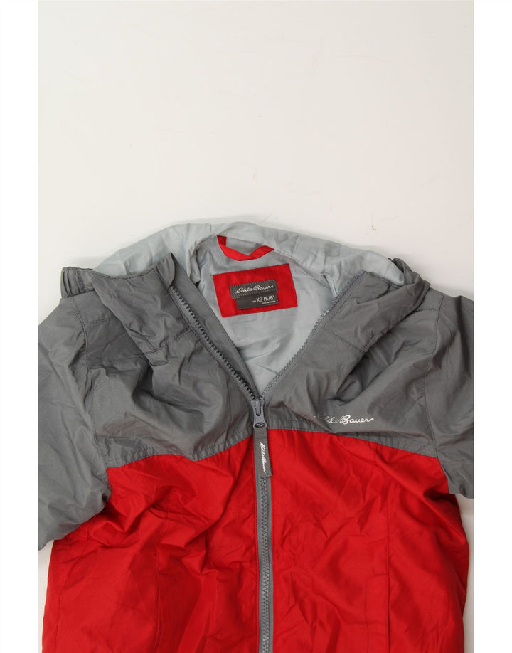 EDDIE BAUER Boys Hooded Rain Jacket 5-6 Years XS Red Colourblock Polyester Vintage Eddie Bauer and Second-Hand Eddie Bauer from Messina Hembry 