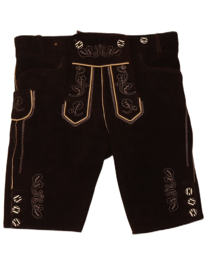 Landhaus Mens Trachten Graphic Suede Shorts Medium W36 Brown Leather