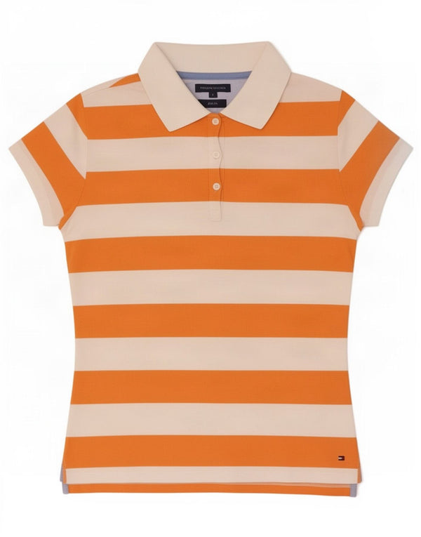 Tommy Hilfiger Womens Slim Fit Polo Shirt UK 14 Large Orange Striped Cotton