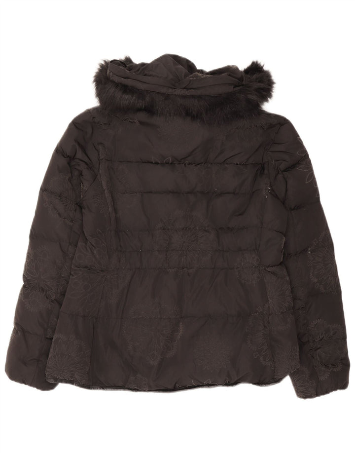 Desigual Womens Graphic Hooded Padded Jacket IT 44 Medium Black Floral