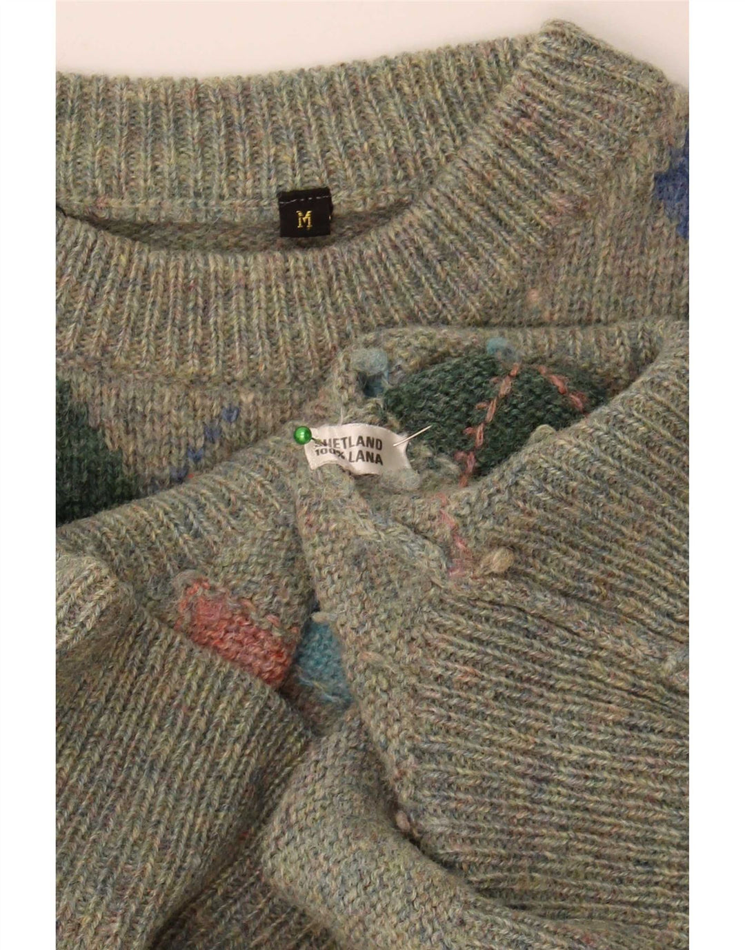 Vintage Mens Crew Neck Jumper Sweater Medium Green Argyle/Diamond Wool