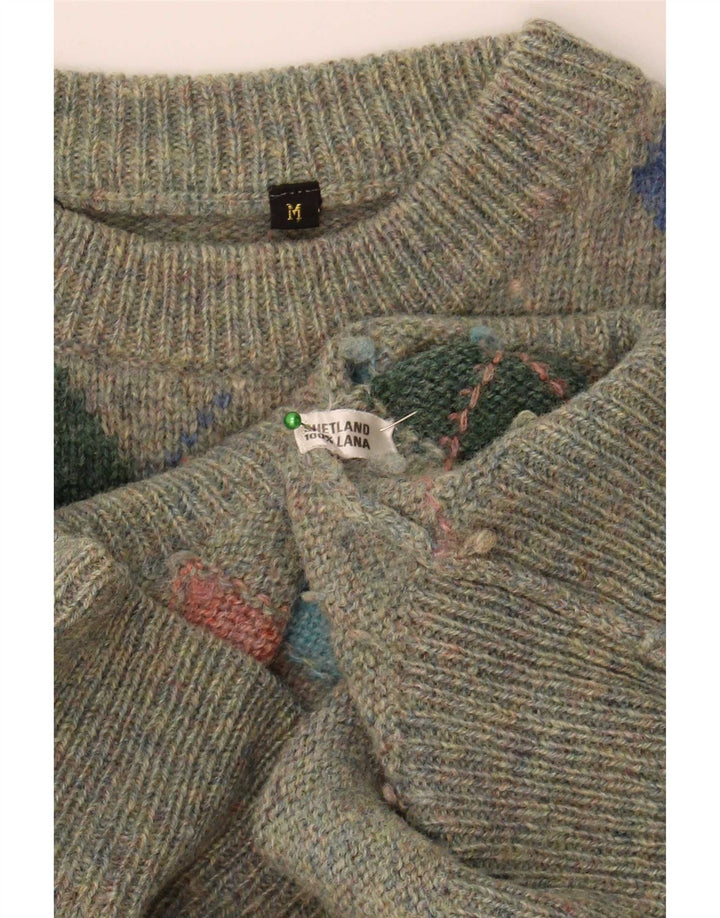 Vintage Mens Crew Neck Jumper Sweater Medium Green Argyle/Diamond Wool