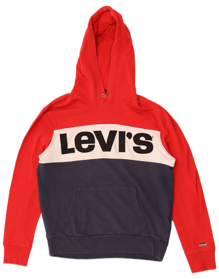 LEVI'S Mens Graphic Hoodie Jumper Medium Navy Blue Colourblock Cotton