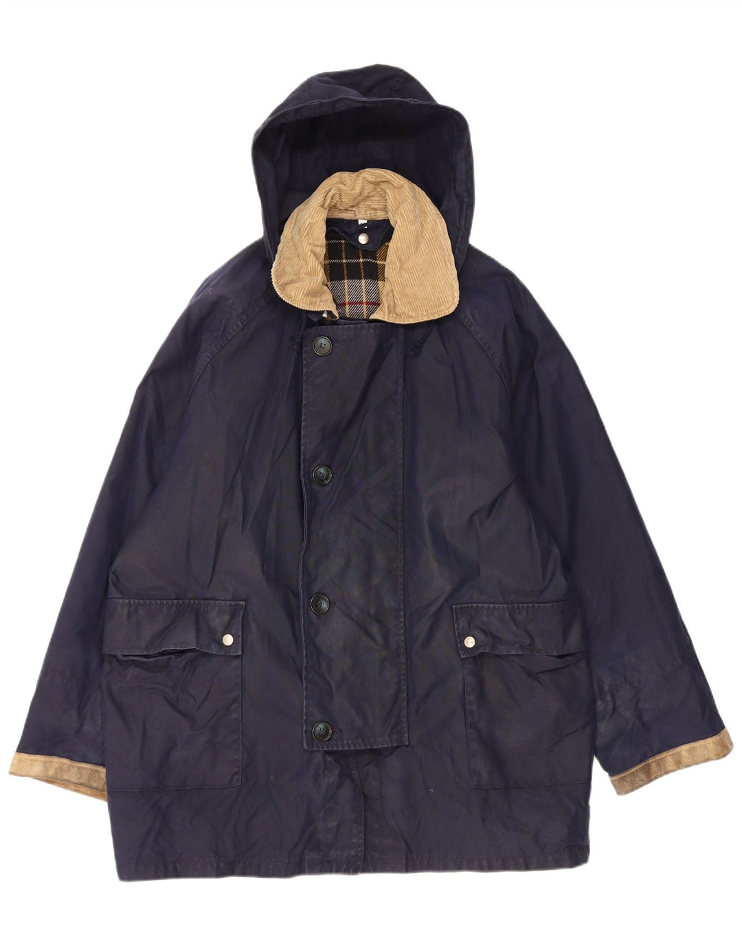 Vintage Mens Hooded Loose Fit Waxed Jacket UK 38 Medium Navy Blue Cotton