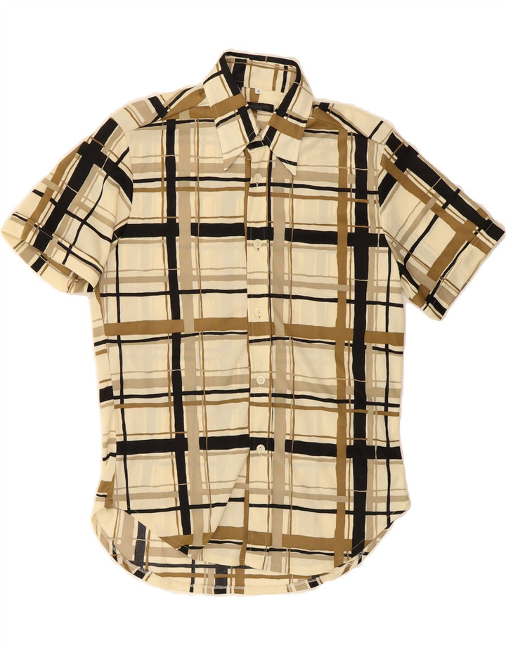 VINTAGE Mens Short Sleeve Shirt Medium Beige Check Polyester Vintage Vintage and Second-Hand Vintage from Messina Hembry 