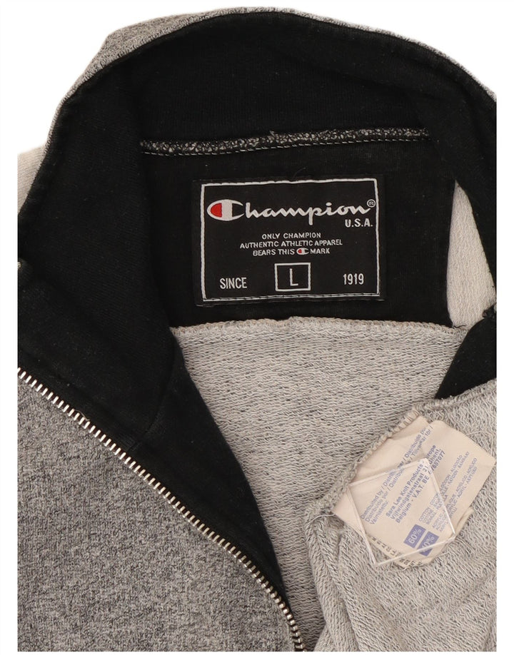 CHAMPION Mens Zip Neck Sweatshirt Jumper Large Grey Colourblock Cotton