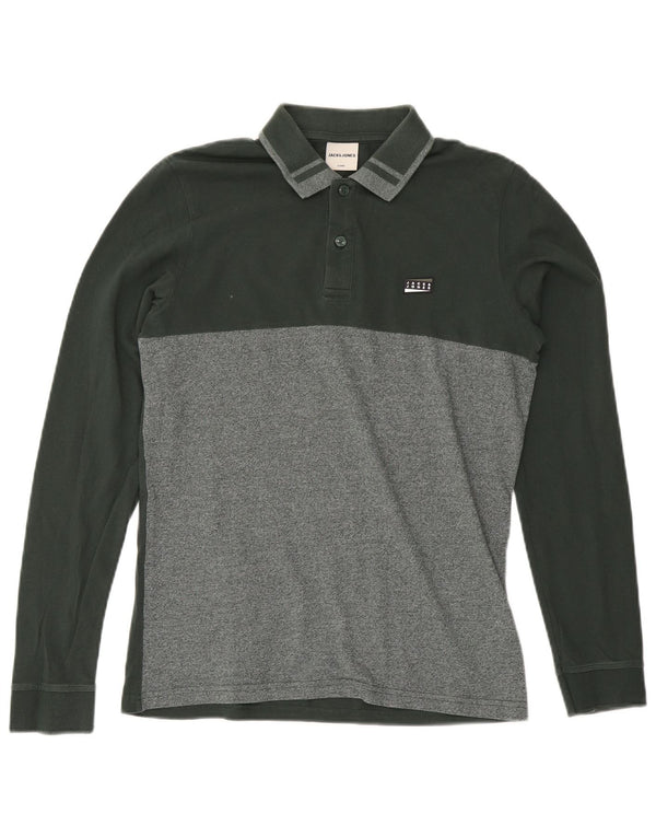 Jack & Jones Mens Long Sleeve Polo Shirt Small Green Colourblock Cotton