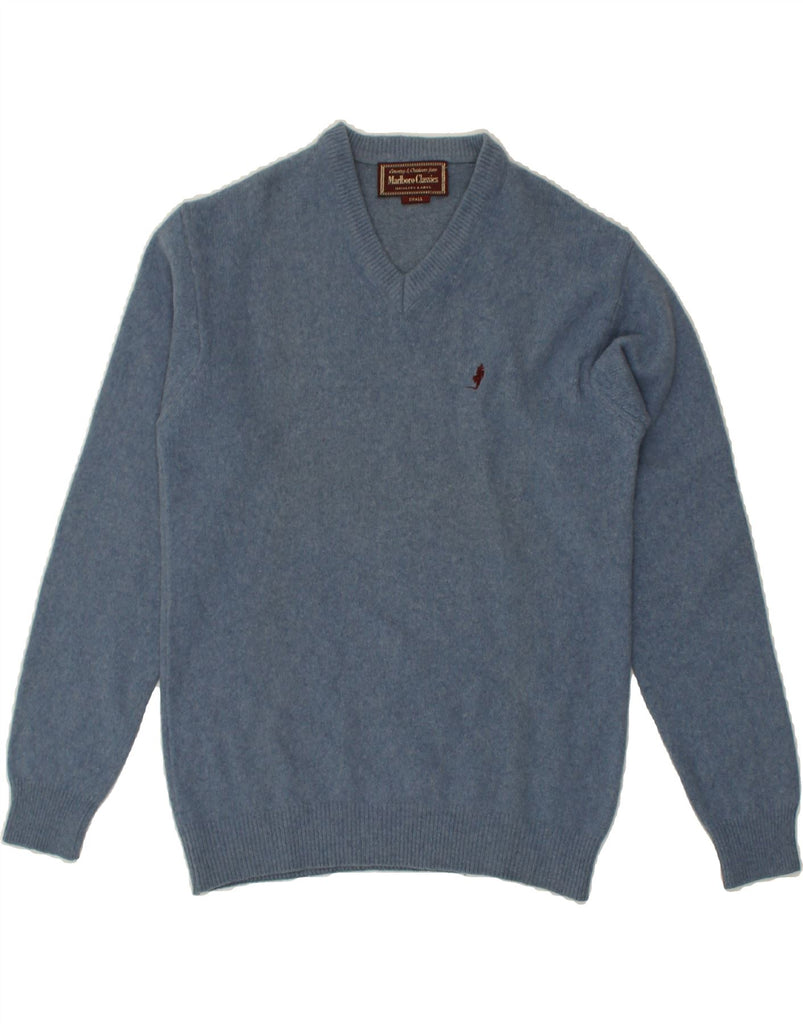 MARLBORO CLASSICS Mens V-Neck Jumper Sweater Small Blue Wool | Vintage Marlboro Classics | Thrift | Second-Hand Marlboro Classics | Used Clothing | Messina Hembry 