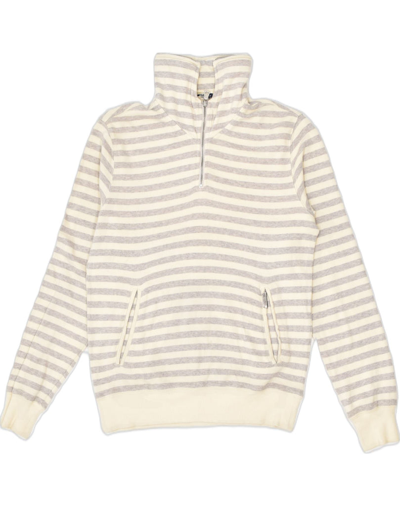 GAS Womens Graphic Zip Neck Sweatshirt Jumper UK 14 Medium Beige Striped | Vintage | Thrift | Second-Hand | Used Clothing | Messina Hembry 