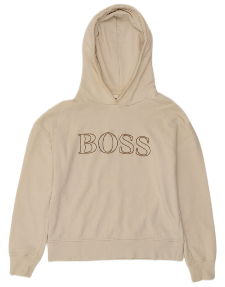 HUGO BOSS Womens Graphic Oversized Hoodie Jumper UK 10 Small Off White