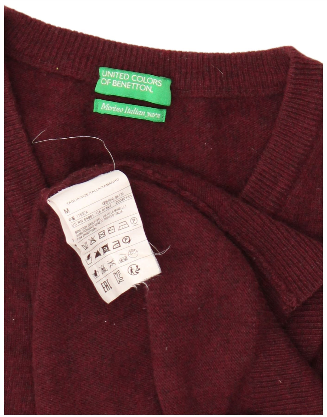 Benetton Mens V-Neck Jumper Sweater Medium Burgundy Virgin Wool