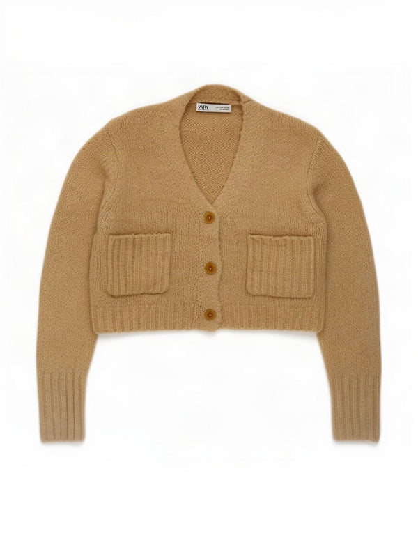 Zara Womens Crop Cardigan Sweater UK 10 Small Beige Polyester