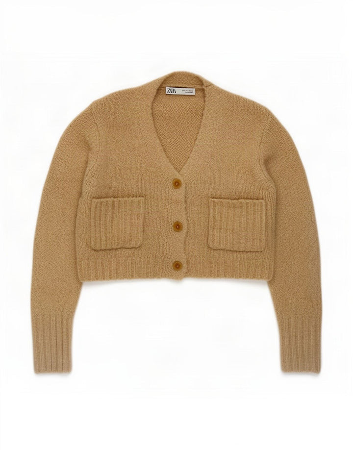 Zara Womens Crop Cardigan Sweater UK 10 Small Beige Polyester
