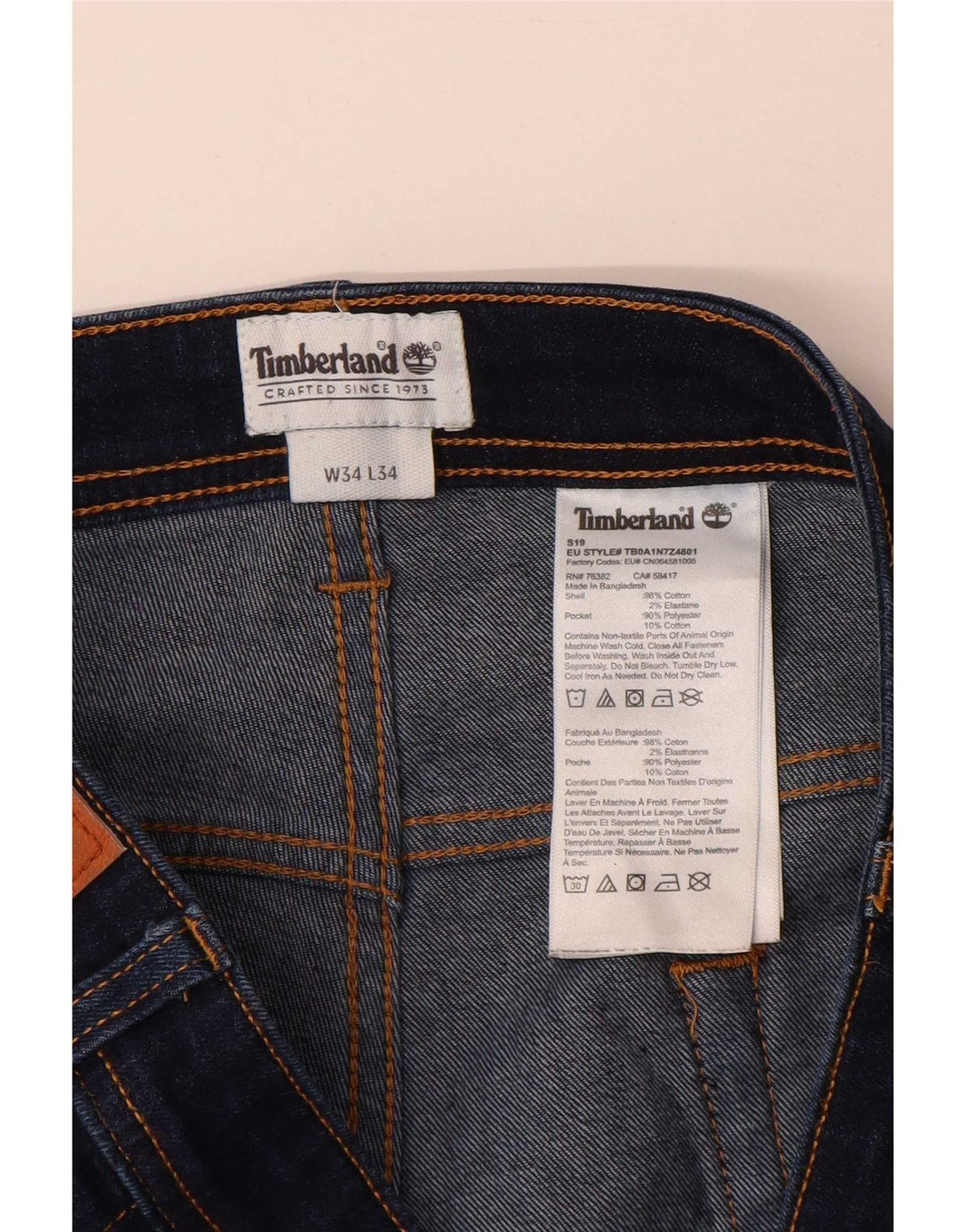 Timberland Mens Slim Jeans W34 L34 Navy Blue Cotton