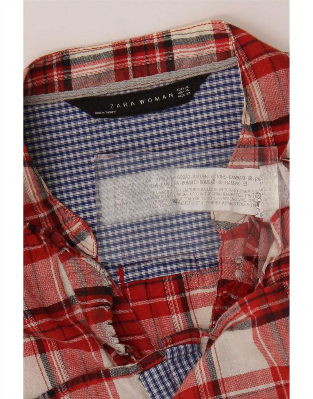 Zara Womens Ruffle Front Shirt UK 18 XL Red Check Cotton