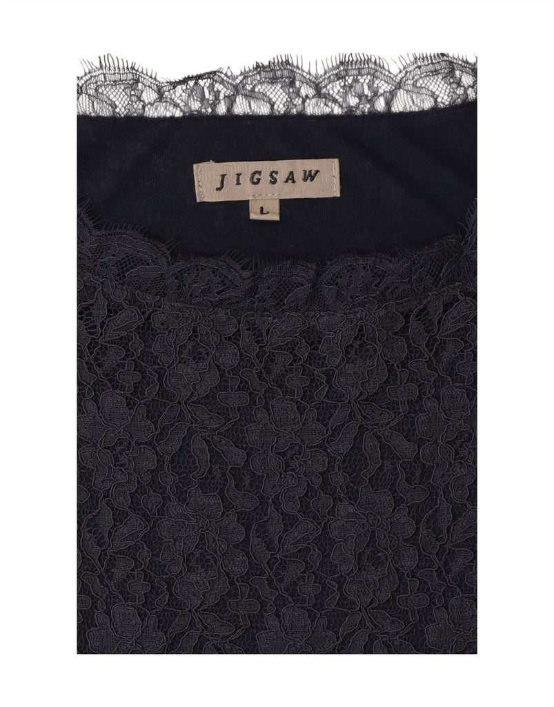JIGSAW Womens 3/4 Sleeve Sheath Dress UK 14 Large Navy Blue Floral Nylon Vintage Jigsaw and Second-Hand Jigsaw from Messina Hembry 