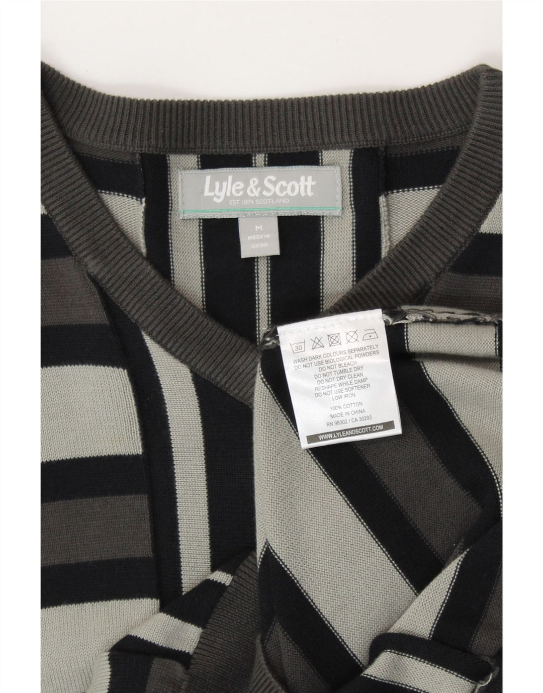 LYLE & SCOTT Mens V-Neck Jumper Sweater Medium Grey Striped Cotton
