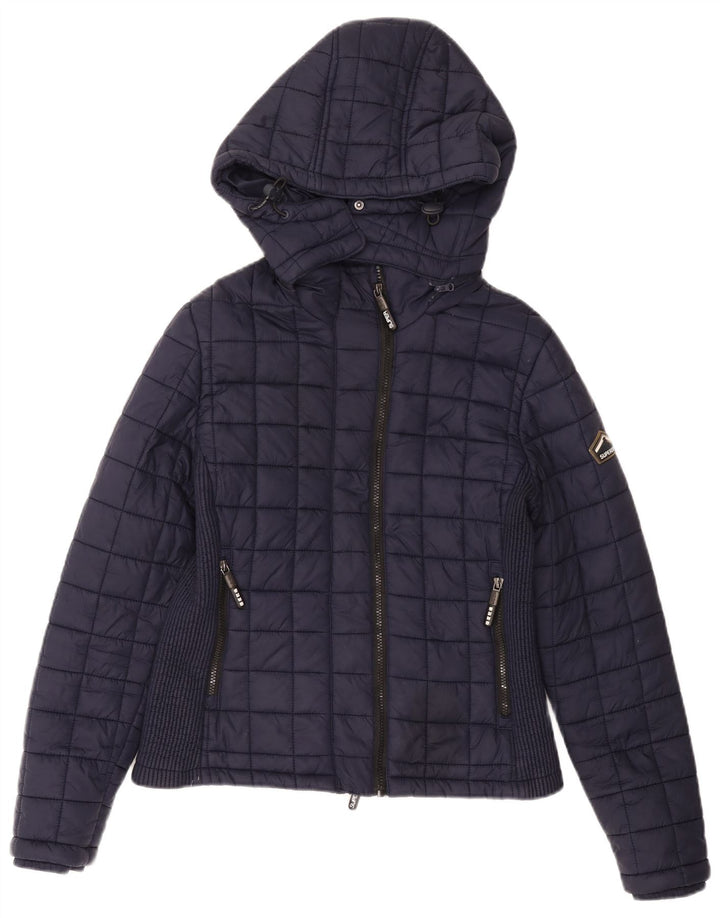 Superdry Womens Hooded Padded Jacket UK 14 Large Navy Blue Nylon