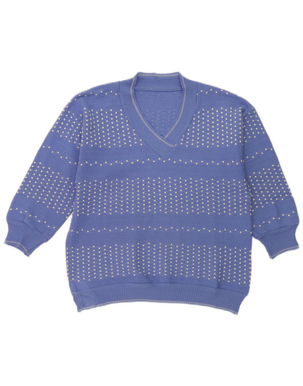 Vintage Womens V-Neck Jumper Sweater UK 14 Large Blue Striped