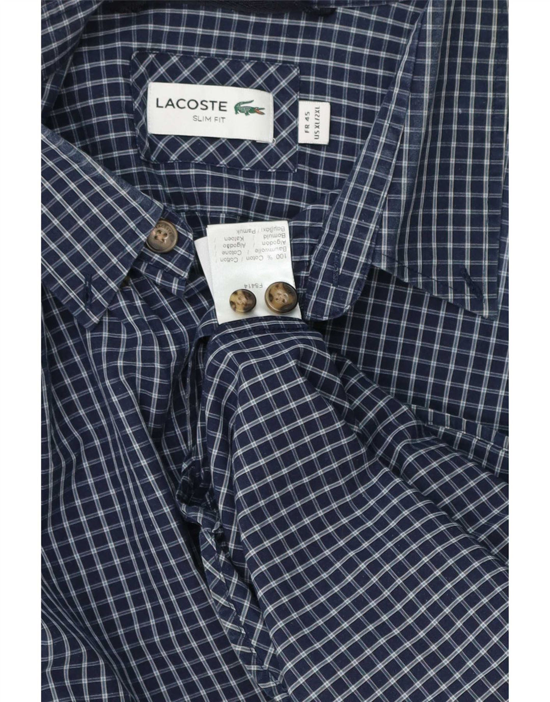 Lacoste Mens Slim Fit Shirt Size 45 2XL Navy Blue Check Cotton
