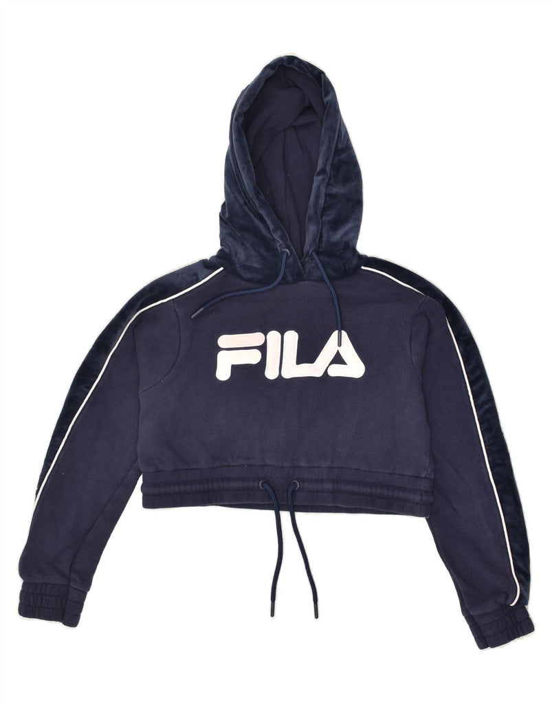 FILA Womens Oversized Graphic Hoodie Jumper UK 0 2XS Navy Blue Cotton | Vintage Fila | Thrift | Second-Hand Fila | Used Clothing | Messina Hembry 